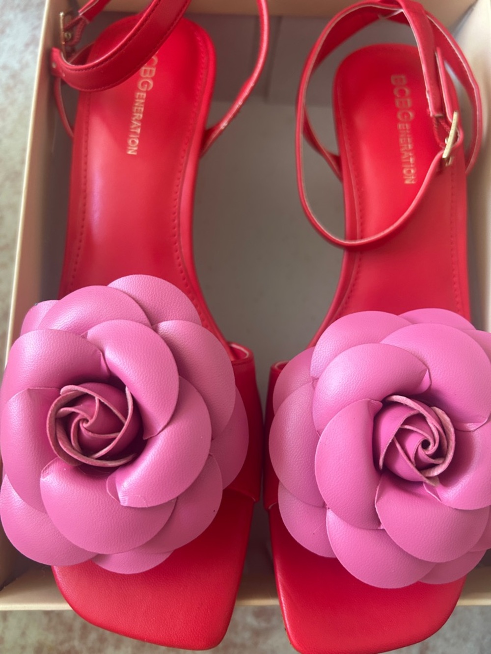 BCBGeneration Red Ankle-Strap Heels with Pink Floral Rosettes - Picture 4 of 5